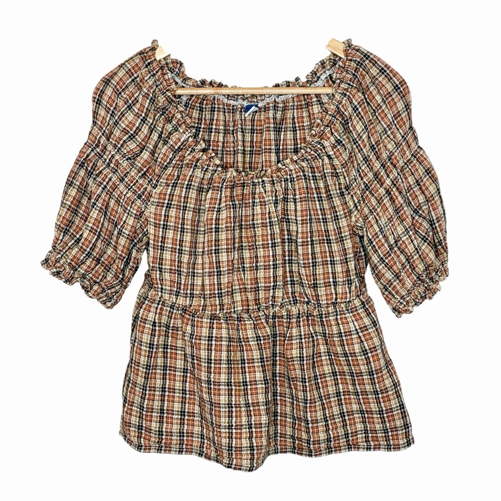 Old Navy Plaid Milkmaid Peasant Top Brown Womens M Academia Ruffled Preppy